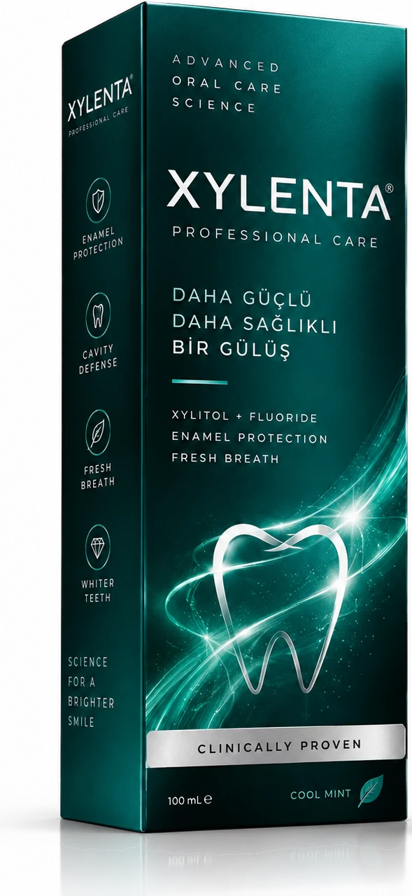Xylenta kutusunun ön yüzü, ışıltılı diş görseli